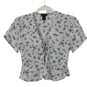 Rue21 Womens Blue Floral V-Neck Tie Front Peplum Blouse White Short Sleeve Med